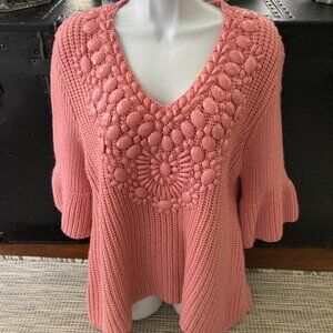 Cristina Chunky  Oversized Heavy Beaded Pink Flare Sleeve Pullover Sweater Large